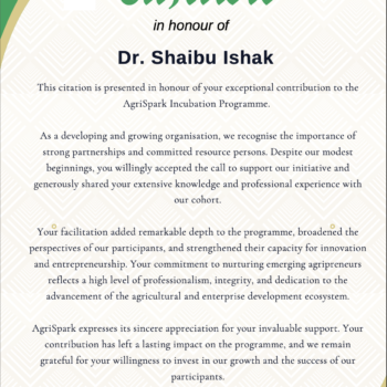 AgriSpark Incubation Programme Citaion Dr Ishak
